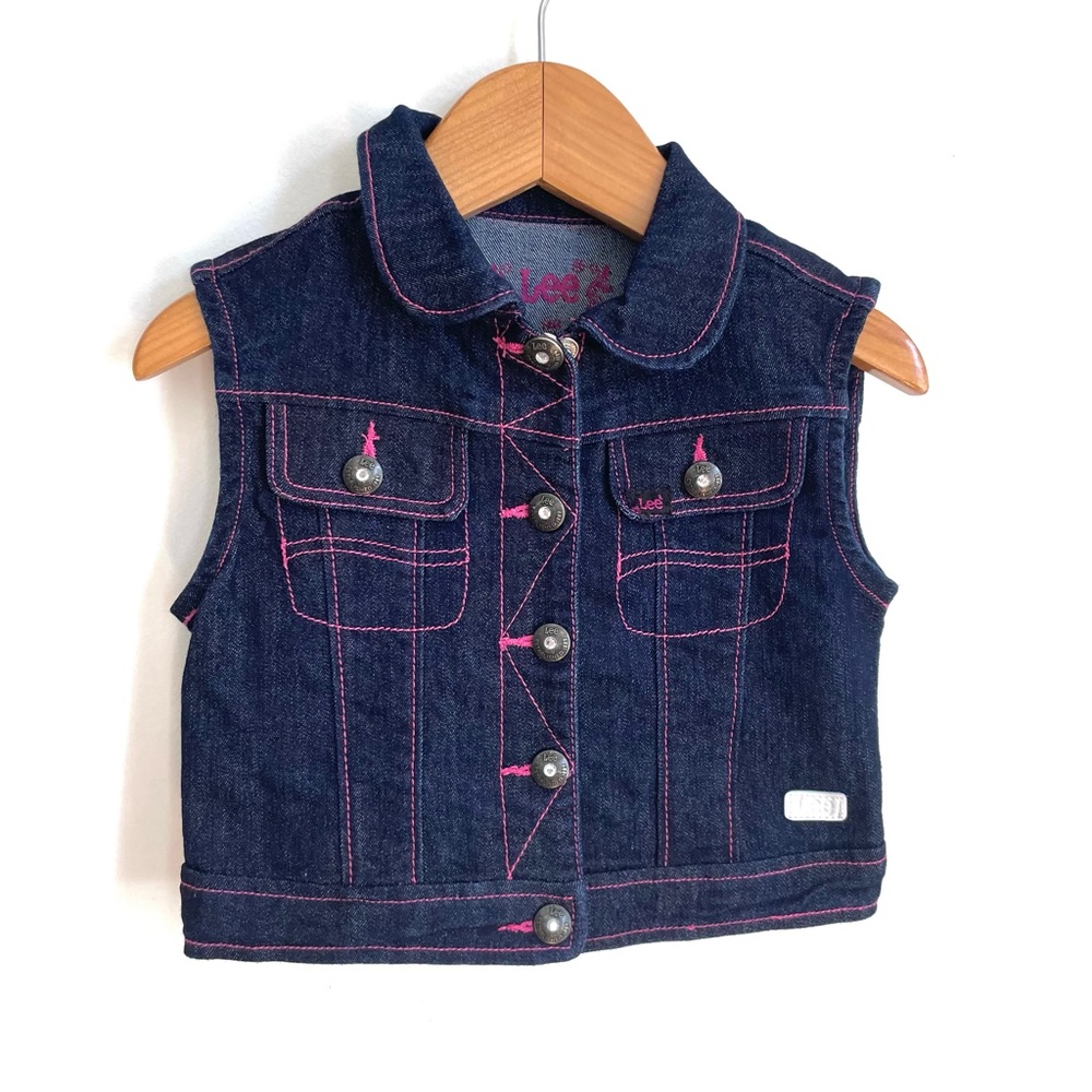 Vintage Y2K Lee Jeans Baby Girl Denim Vest, Rhinestone Buttons, Pink Stitching - Picture 1 of 12